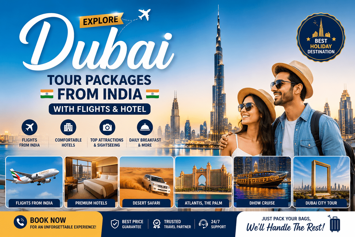 Dubai Tour Packages from India with Flights and Hotel including visa, sightseeing, desert safari and luxury hotel stay by 7th Sky Tours & Travels